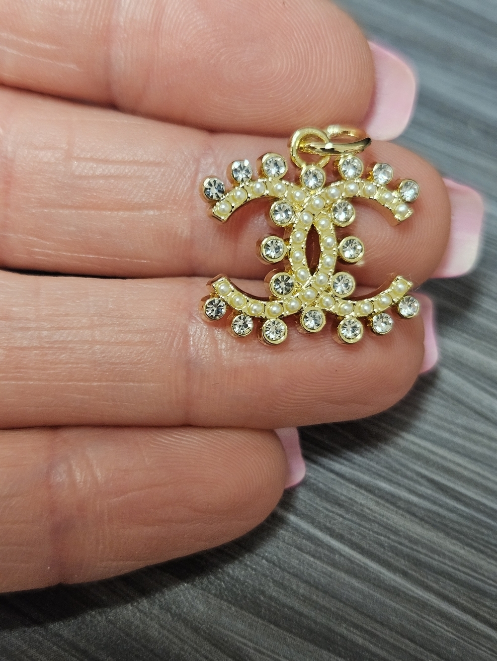 CHANEL Stamped Replacement Gold-Tone  Bubble Crystal/Channel Pearl Double-C Pull